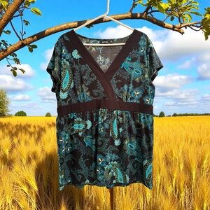 Apt 9 Fairycore Paisley Blouse Womens XL Multicolor Short Cap Sleeves Hippie Art